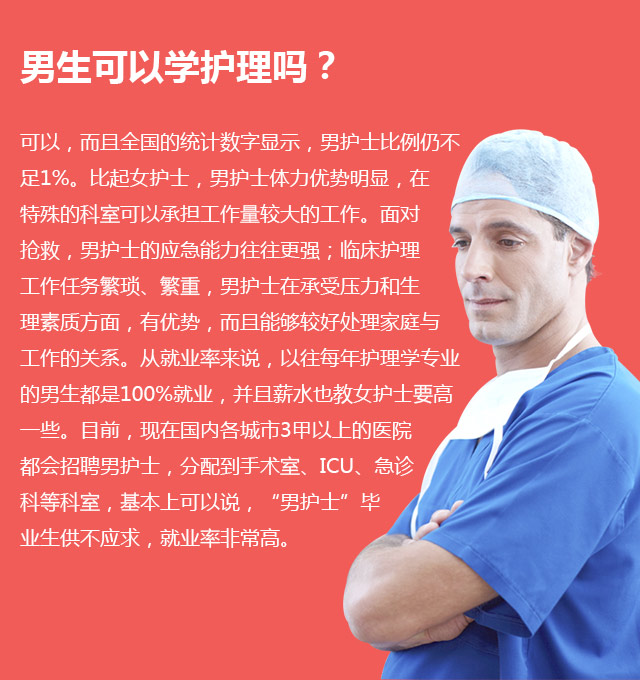 男生可以學護理嗎?可以，而且全國的統計數字顯示，男護士比例仍不足1%。比起女護士，男護士體力優勢明顯，在特殊的科室可以承擔工作量較大的工作。面對搶救，男護士的應急能力往往更強;臨床護理工作任務繁瑣、繁重，男護士在承受壓力和生理素質方面，有優勢，而且能夠較好處理家庭與工作的關系。從就業率來說，以往每年護理學專業的男生都是100%就業，并且薪水也教女護士要高—些。目前，現在國內各城市3甲以上的醫院都會招聘男護士，分配到手術室、ICU、急診科等科室，基本上可以說，“男護士”畢業生供不應求，就業率非常高。
